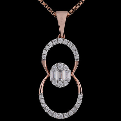 A rose gold diamond pendant with a chain, featuring a central diamond surrounded by a circle of smaller diamonds, with another layer of diamonds forming a larger circle around the first.