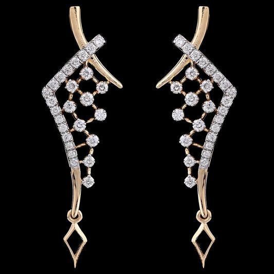 Elegant gold earrings featuring cascading diamond accents and geometric charm drops, a stunning design by jnjbymadhuri.