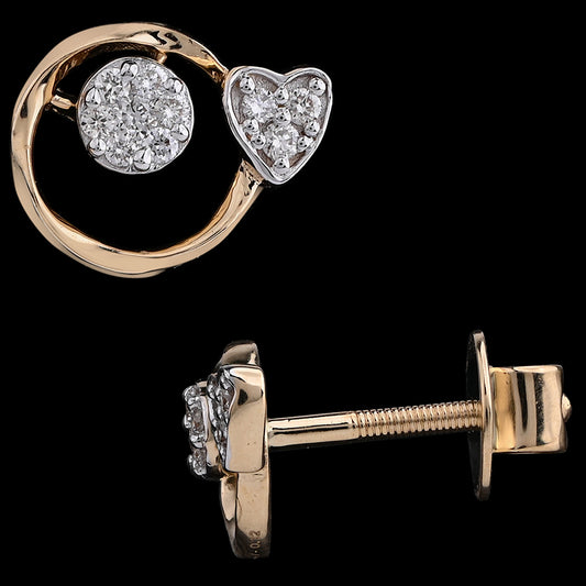 Stylish gold stud earrings showcasing a circular frame with a sparkling round center and a diamond-studded heart. A graceful blend of love and elegance by jnjbymadhuri.
