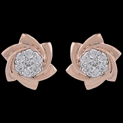Elegant rose gold floral stud earrings adorned with a radiant cluster of diamonds at the center. A timeless and graceful statement piece by jnjbymadhuri.
