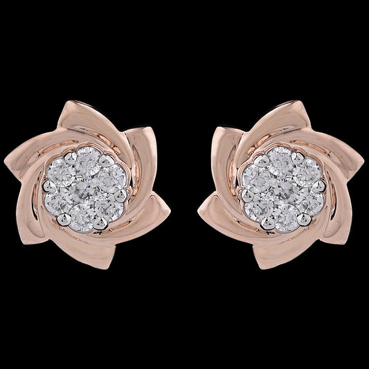 Elegant rose gold floral stud earrings adorned with a radiant cluster of diamonds at the center. A timeless and graceful statement piece by jnjbymadhuri.
