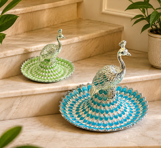 ENAMEL PEACOCK ROUND TRAY