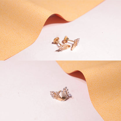 Gold Tiara Motif Diamond Studs (AIE706), a miniature royal headpiece design in high-polish gold, perfect for bridesmaid jewelry or prom accessories.