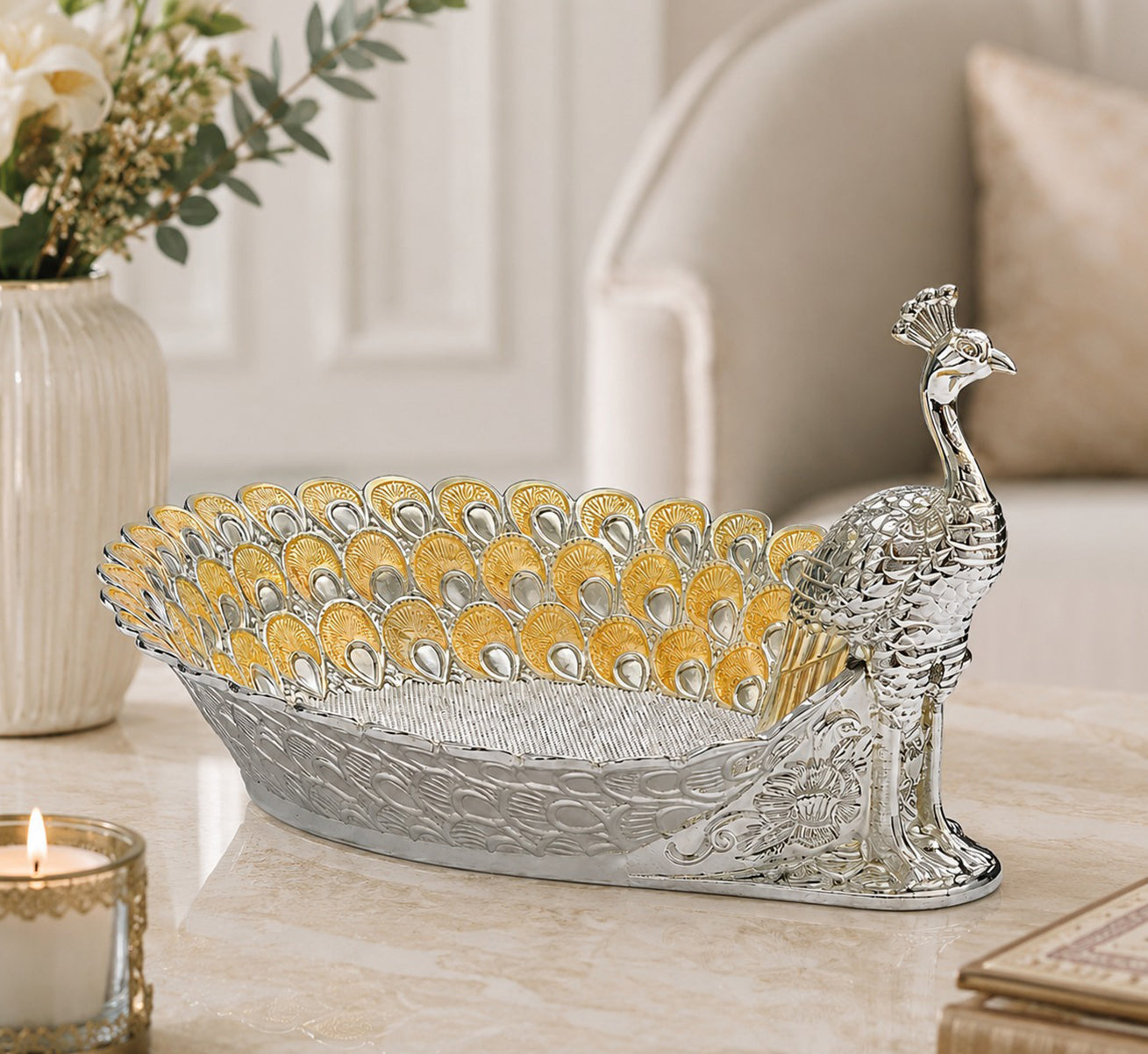 ENAMEL PEACOCK BOAT TRAY