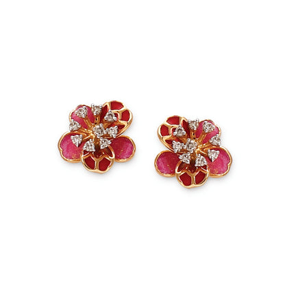 Floral Pink Enamel Gold Earrings (27538E) for women, featuring a vibrant rose-colored petal design with a sparkling diamond center in certified gold.