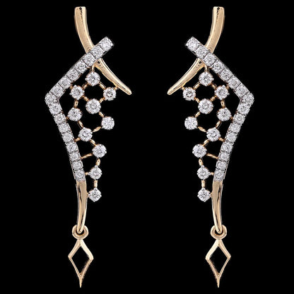 Elegant gold earrings featuring cascading diamond accents and geometric charm drops, a stunning design by jnjbymadhuri.
