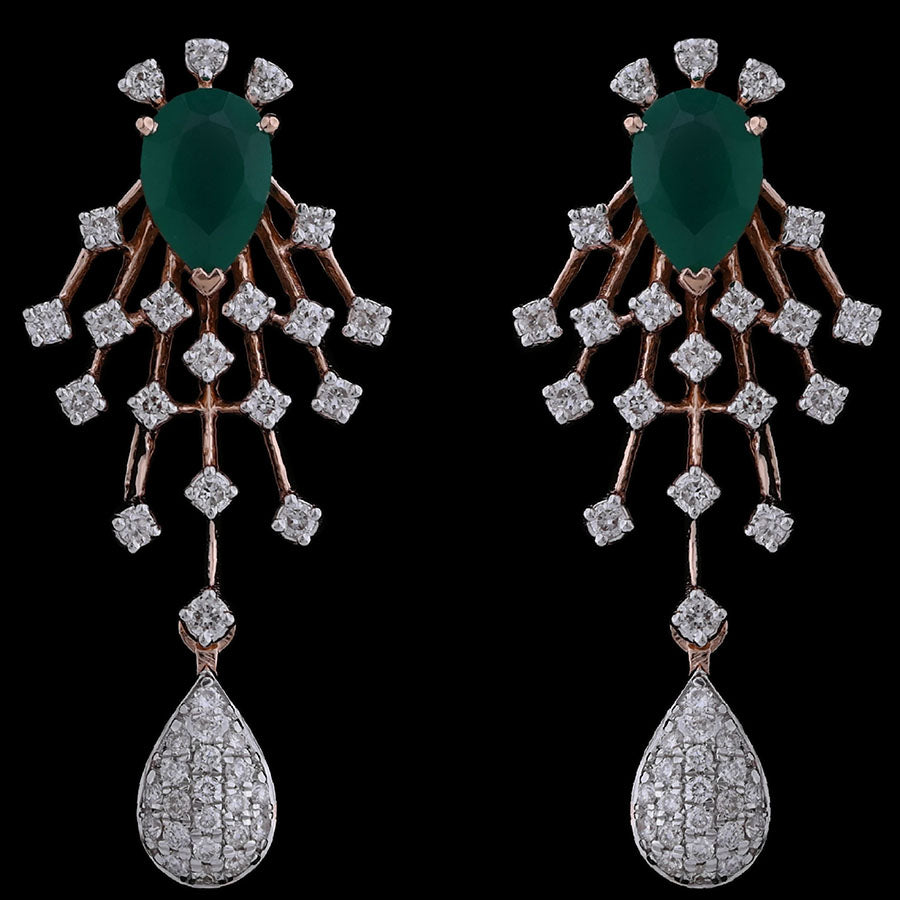 Unique Green and Gold Diamond Drop Earrings, JNJ by Madhuri, two-tone cocktail party jewelry, elegant statement piece for special occasions.