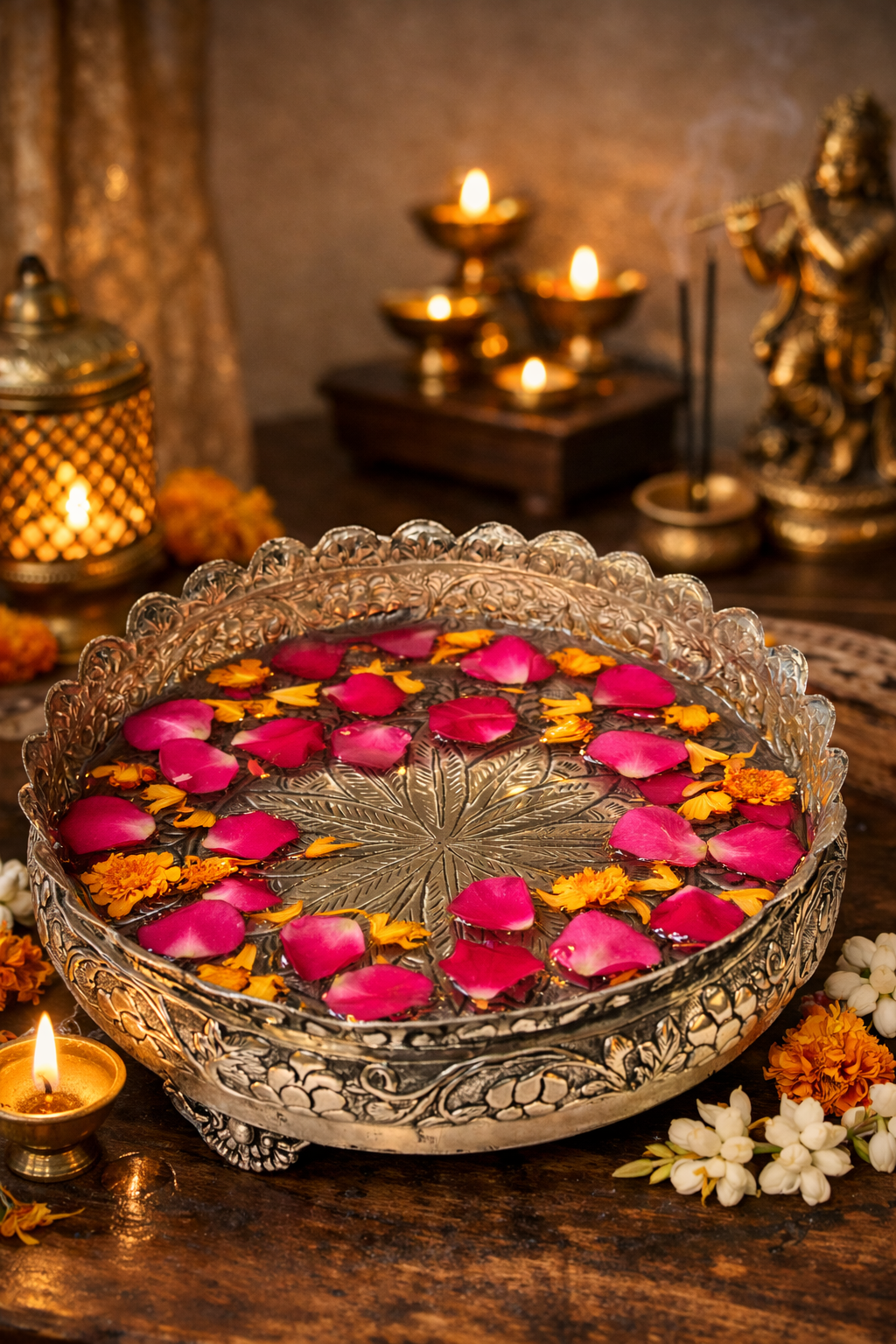 Antique Floral Urli by JNJ by Madhuri, featuring intricate floral detailing and an antique finish, perfect for luxury home décor, festive celebrations, and elegant traditional styling.
