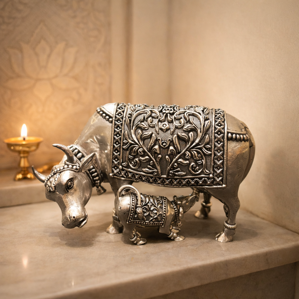 Kamdhenu Cow – elegant luxury handcrafted divine idol, perfect for home décor, pooja, and gifting | jnj by madhuri