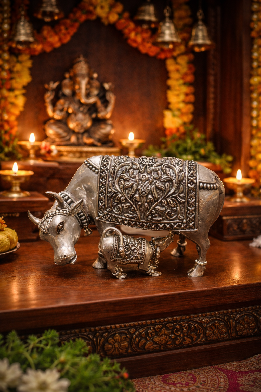 Kamdhenu Cow – elegant luxury handcrafted divine idol, perfect for home décor, pooja, and gifting | jnj by madhuri