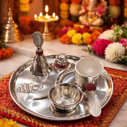 Rudraksh Pooja Thali by JNJ by Madhuri, featuring a beautifully crafted sacred thali designed for daily pooja and spiritual rituals.