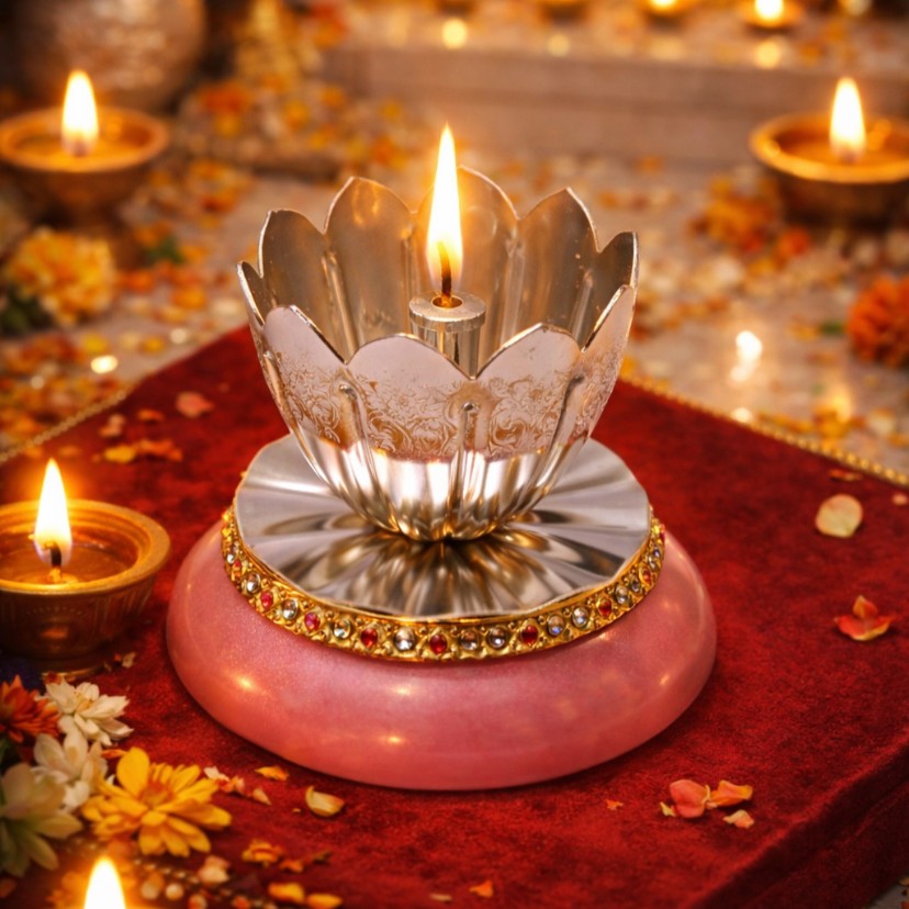 Pink Marble Diya by JNJ by Madhuri, a handcrafted luxury marble diya designed for pooja rituals, festive décor, and elegant home spaces.
