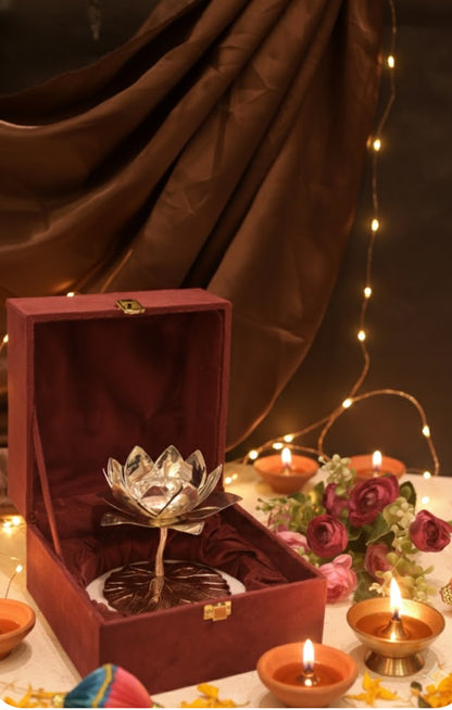 Premium Marble Lotus Diya for pooja and home décor, a lotus-inspired marble diya symbolizing purity and divine elegance by JNJ by Madhuri.