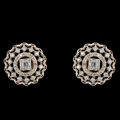 Elegant round earrings with a central baguette diamond surrounded by a scalloped diamond halo. A refined and timeless piece from jnjbymadhuri.
