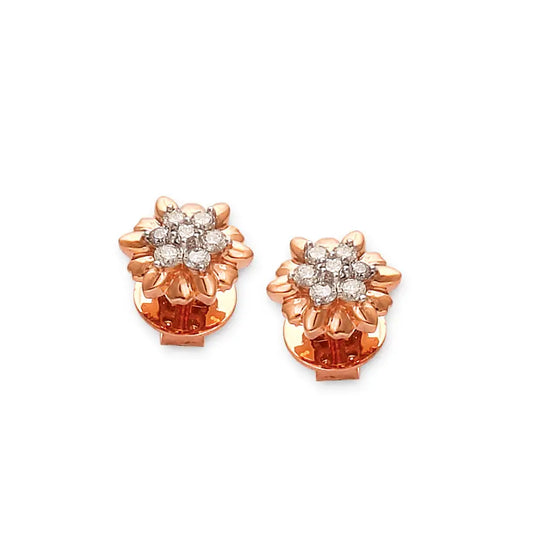 "Elegant rose gold floral stud earrings by jnjbymadhuri, designed with a central cluster of round diamonds in a flower-like arrangement, set against a white background."
