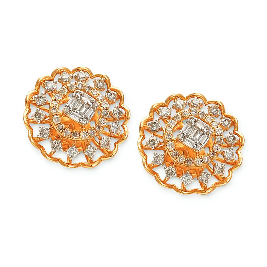 Intricate round earrings featuring a floral lattice pattern in gold and diamonds, exuding timeless charm. An exquisite creation from jnjbymadhuri.
