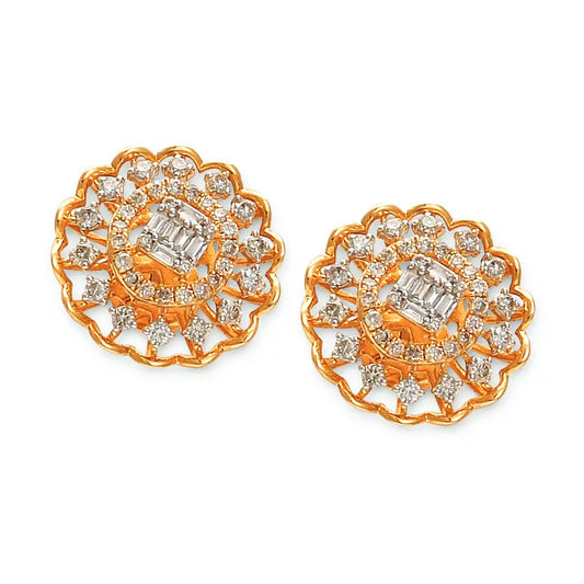 Intricate round earrings featuring a floral lattice pattern in gold and diamonds, exuding timeless charm. An exquisite creation from jnjbymadhuri.
