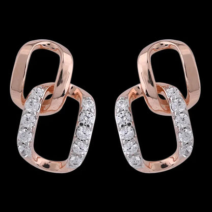 Stylish rose gold earrings with interlocking rectangular links, one encrusted with dazzling diamonds for a chic, modern look. Designed to captivate by jnjbymadhuri.
