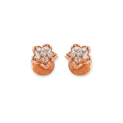 Chic rose gold stud earrings featuring a delicate floral motif with sparkling diamond accents. A perfect blend of elegance and charm by jnjbymadhuri.
