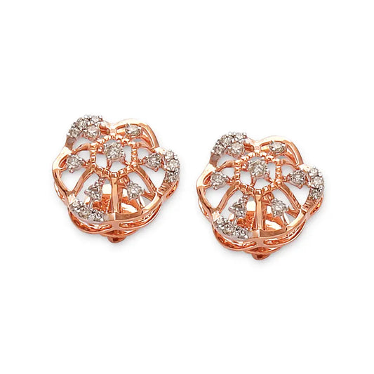 Delicate rose-shaped stud earrings in rose gold, adorned with shimmering white stones for a graceful floral sparkle. Elegantly handcrafted by jnjbymadhuri, these earrings are perfect for adding charm to any outfit.
