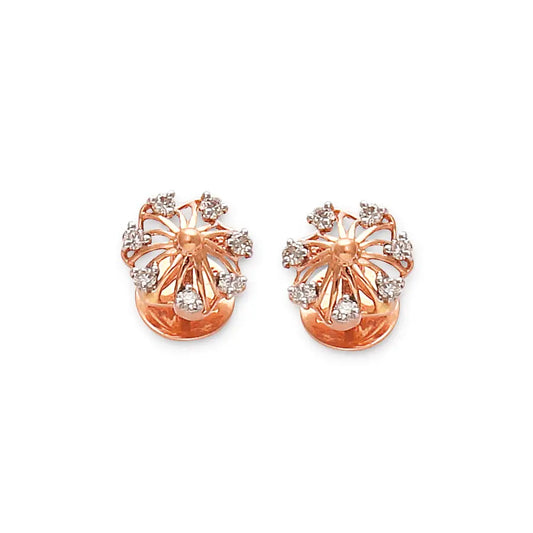 Graceful rose gold stud earrings styled like blooming flowers, accented with shimmering diamonds for a radiant finish. A unique and artistic piece by jnjbymadhuri.
