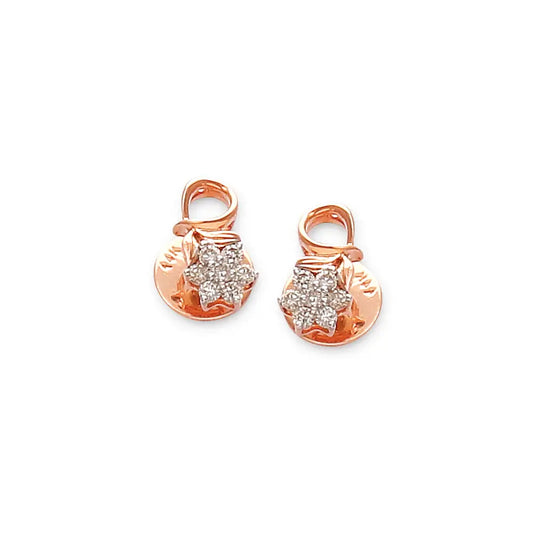 a pair of elegant rose gold earrings adorned with a floral cluster of diamonds, set against a white background — jewelry by jnjbymadhuri.
