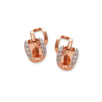Elegant rose gold earrings featuring interlocked geometric links, with one link adorned in shimmering diamonds. A timeless piece of artistry by jnjbymadhuri.
