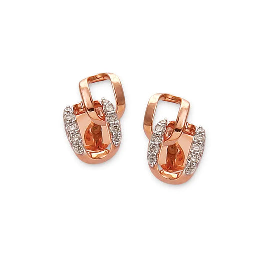 Elegant rose gold earrings featuring interlocked geometric links, with one link adorned in shimmering diamonds. A timeless piece of artistry by jnjbymadhuri.
