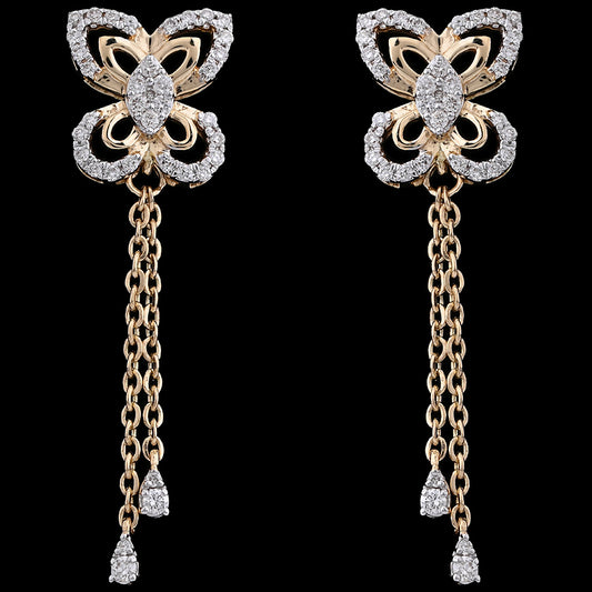These butterfly-inspired earrings dazzle with intricate diamond settings and graceful drop chains, capturing the signature charm of jnjbymadhuri.
