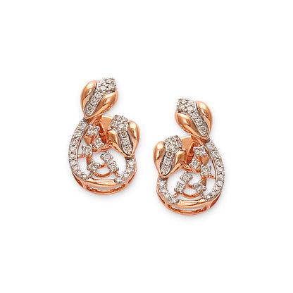 Elegant rose gold earrings in a teardrop motif, embellished with shimmering diamonds and intricate leaf-like accents, reflecting timeless sophistication by jnjbymadhuri.
