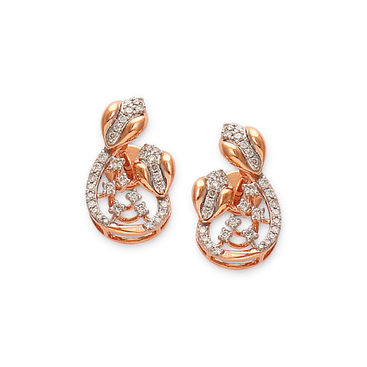 Elegant rose gold earrings in a teardrop motif, embellished with shimmering diamonds and intricate leaf-like accents, reflecting timeless sophistication by jnjbymadhuri.

