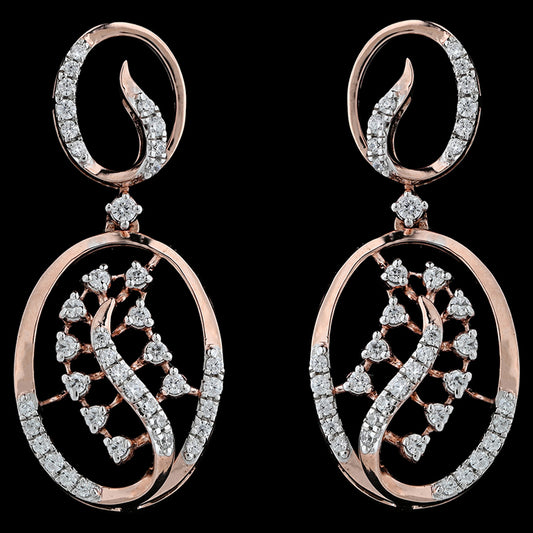 Elegant oval earrings in rose gold featuring a sparkling diamond swirl and intricate lattice design. A refined statement from jnjbymadhuri.
