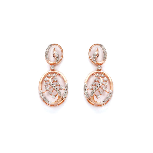 Graceful oval-shaped earrings in rose gold with intricate diamond accents and a modern twist design. A timeless piece from jnjbymadhuri.
