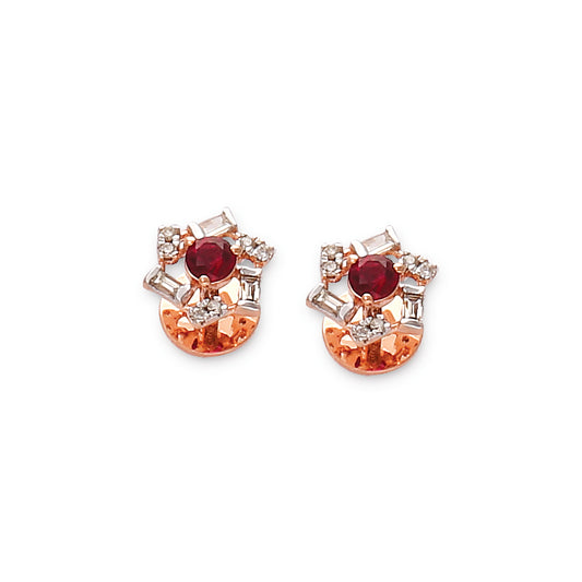 Chic and contemporary earrings by jnjbymadhuri, designed with a striking combination of rich red center stones, shimmering diamonds, and a unique half-moon orange enamel accent. These studs add a vibrant yet elegant touch to any look.
