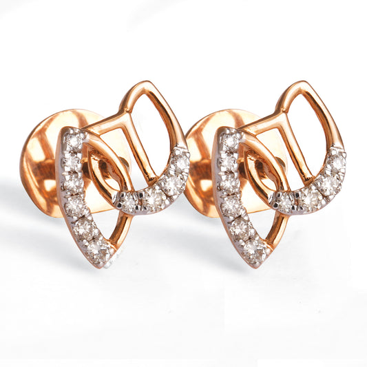 Rose gold earrings featuring a delicate open-leaf design studded with shimmering diamonds, blending elegance and artistry by jnjbymadhuri.
