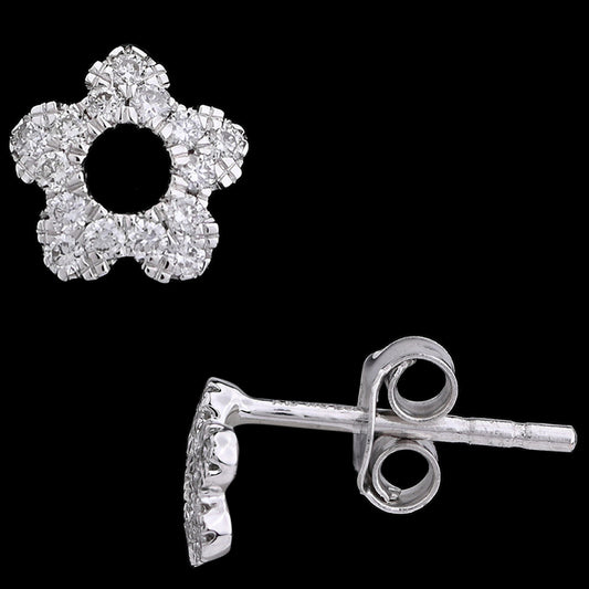 Chic flower-shaped diamond stud earrings with a central cut-out, featuring a secure push-back closure for everyday wear. These sparkling beauties from jnjbymadhuri blend timeless charm with modern elegance.
