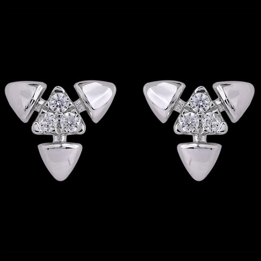 Modern white gold earrings with a geometric triangle motif, accentuated by a cluster of sparkling diamonds. A sleek and stylish piece by jnjbymadhuri.
