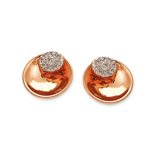 Glossy rose gold stud earrings with a dome-like finish, topped with a dazzling cluster of diamonds. A bold and modern design by jnjbymadhuri.
