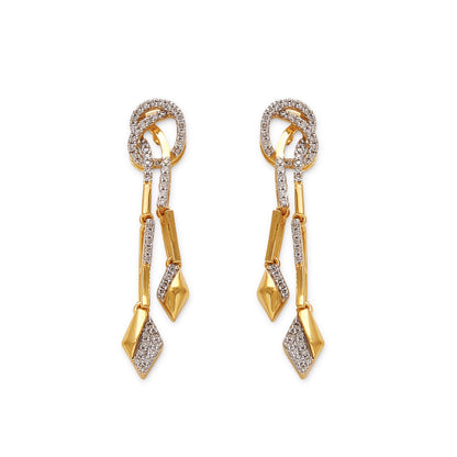 Contemporary gold and diamond drop earrings with geometric accents and dual dangling elements for a bold, modern look. An artistic creation by jnjbymadhuri.
