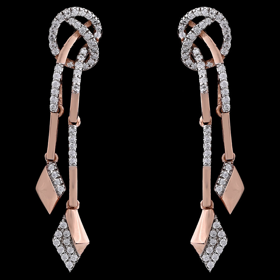 Elegant rose gold and diamond earrings featuring interlocked loops and articulated geometric drops for dynamic movement. A signature luxury piece from jnjbymadhuri.
