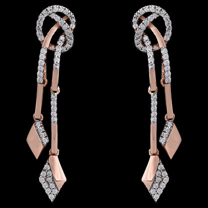 Elegant rose gold and diamond earrings featuring interlocked loops and articulated geometric drops for dynamic movement. A signature luxury piece from jnjbymadhuri.
