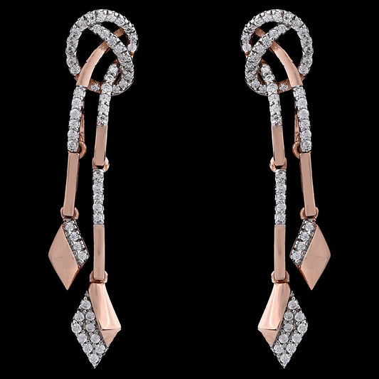 Elegant rose gold and diamond earrings featuring interlocked loops and articulated geometric drops for dynamic movement. A signature luxury piece from jnjbymadhuri.
