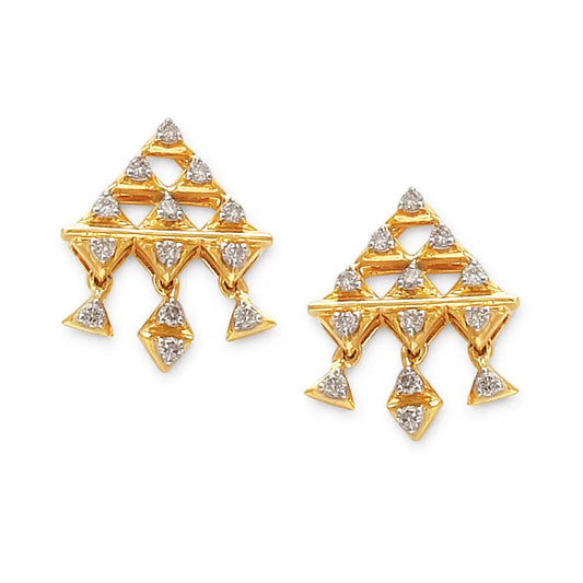 Geometric gold earrings with diamond-studded triangular patterns creating a bold, structured design. A distinctive statement piece by jnjbymadhuri.
