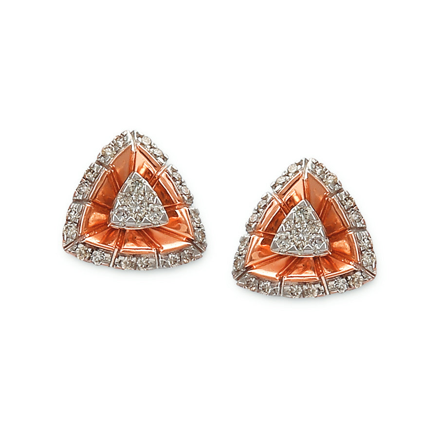 Elegant triangle-shaped earrings with a rose gold center and a sparkling diamond-studded border, blending modern geometry with classic charm. A signature accessory from jnjbymadhuri, perfect for refined, everyday elegance.
