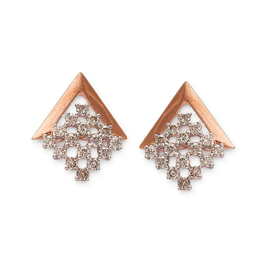 Chic rose gold earrings designed in a modern V-shape, embellished with an intricate diamond cluster that adds elegance and sparkle. A bold contemporary creation from jnjbymadhuri.
