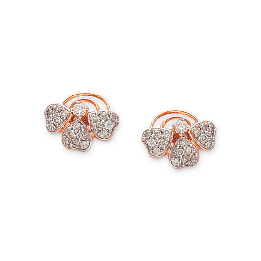 Elegant heart-petal earrings in rose gold, accented with sparkling diamonds forming a floral motif. A graceful and timeless piece by jnjbymadhuri.