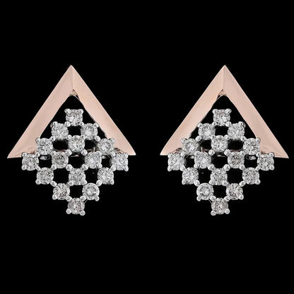 Elegant V-shaped rose gold earrings adorned with a cascading diamond lattice, offering a timeless yet modern charm. A signature piece from jnjbymadhuri.
