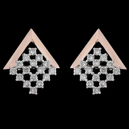 Elegant V-shaped rose gold earrings adorned with a cascading diamond lattice, offering a timeless yet modern charm. A signature piece from jnjbymadhuri.
