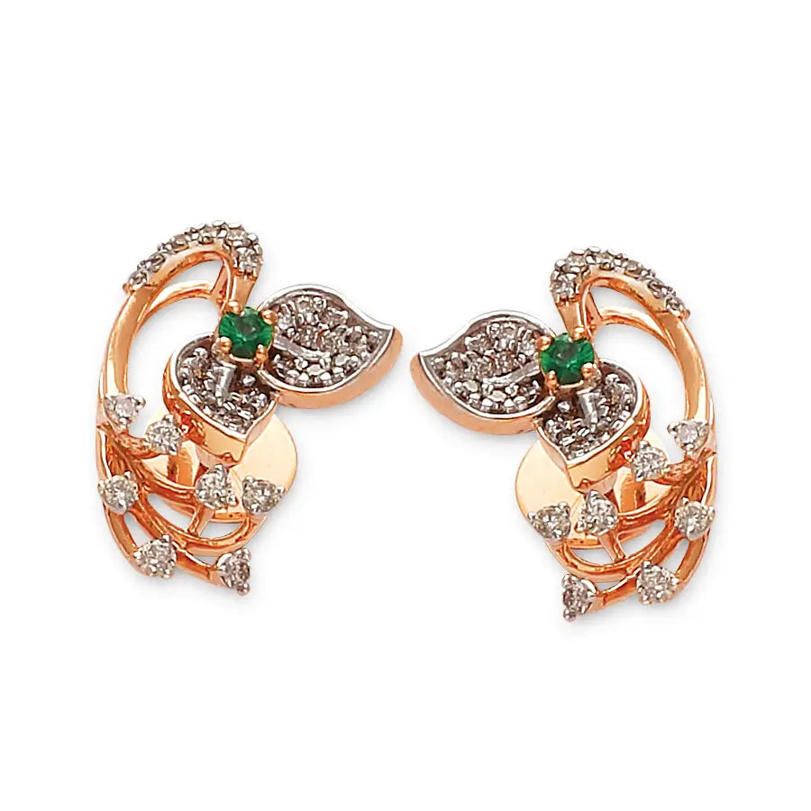 Elegant floral-inspired rose gold earrings adorned with sparkling white stones and a touch of green, perfect for festive or formal occasions. Crafted with intricate detail by jnjbymadhuri, these earrings embody timeless charm and sophistication.

