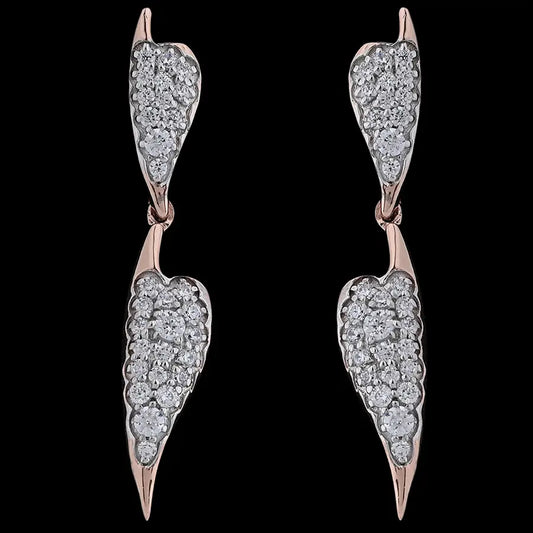 Elegant double-drop earrings by jnjbymadhuri, featuring leaf-shaped elements adorned with brilliant white stones in a rose gold finish. These timeless pieces by jnjbymadhuri exude sophistication and modern charm.
